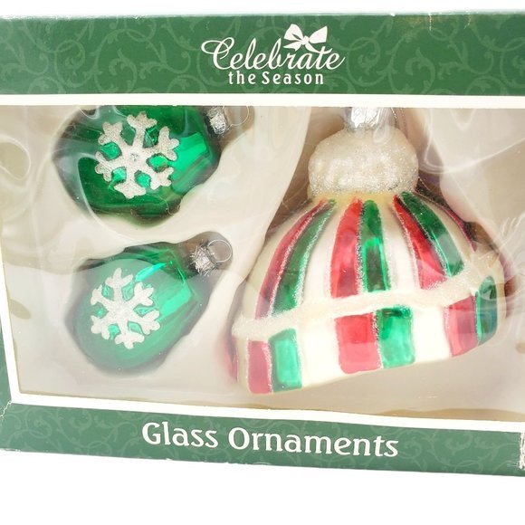 Three Mittens & Hat Glass Ornaments Hand Blown Red Green Tree Mercury NEW Christ - Picture 2 of 4